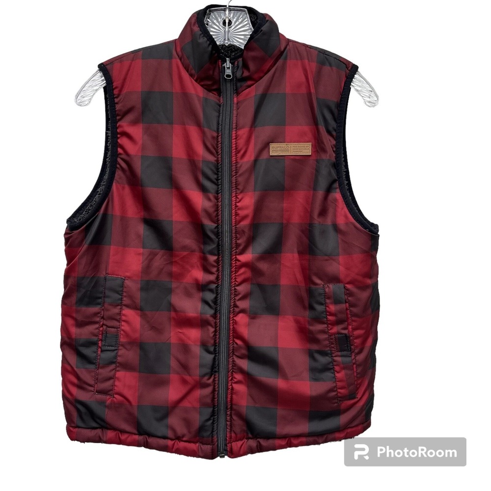 Buffalo David Bitton Womens M Red Black Plaid Sherpa Fleece Reversible Vest Cozy
